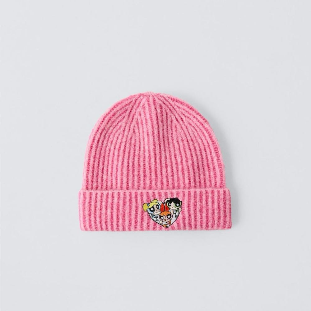 Pink Kids Beanie with power puff